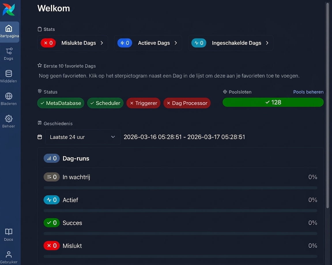Airflow web-UI startdashboard met het navigatiemenu links