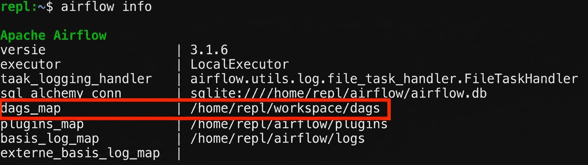 Terminaluitvoer van airflow info met het pad naar dags_folder gemarkeerd