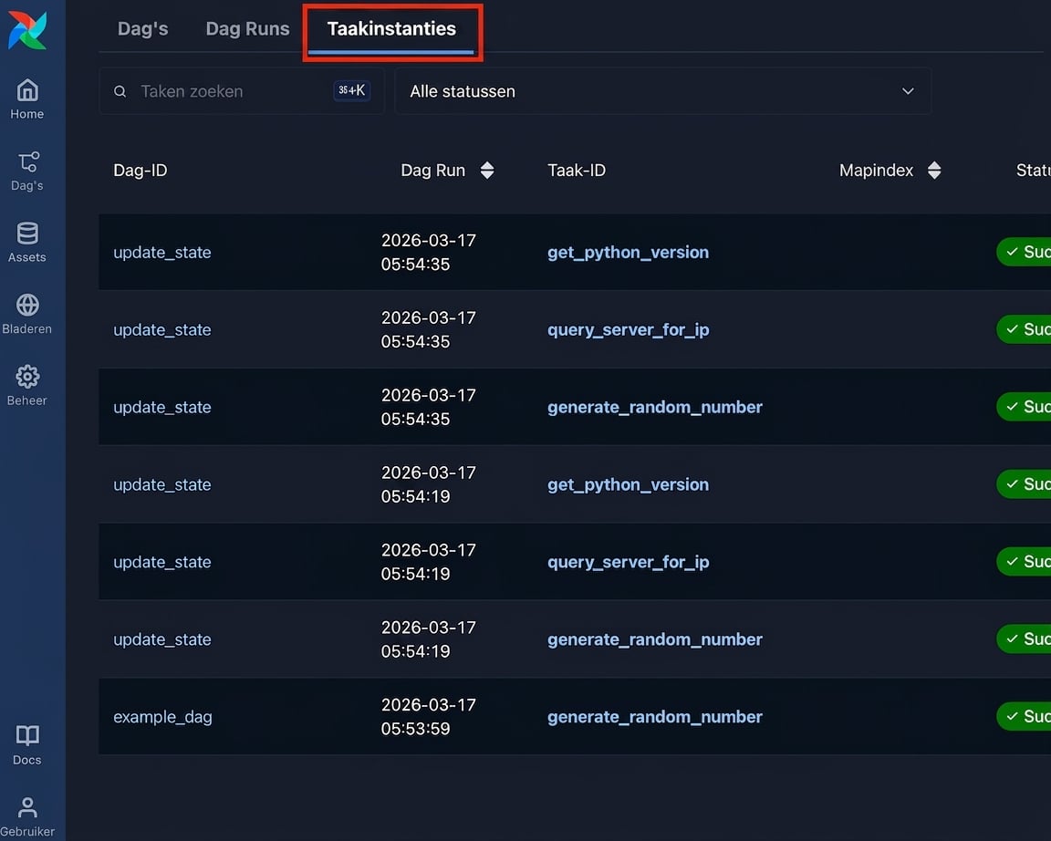 Airflow Task Instances-pagina met taakruns voor alle Dags