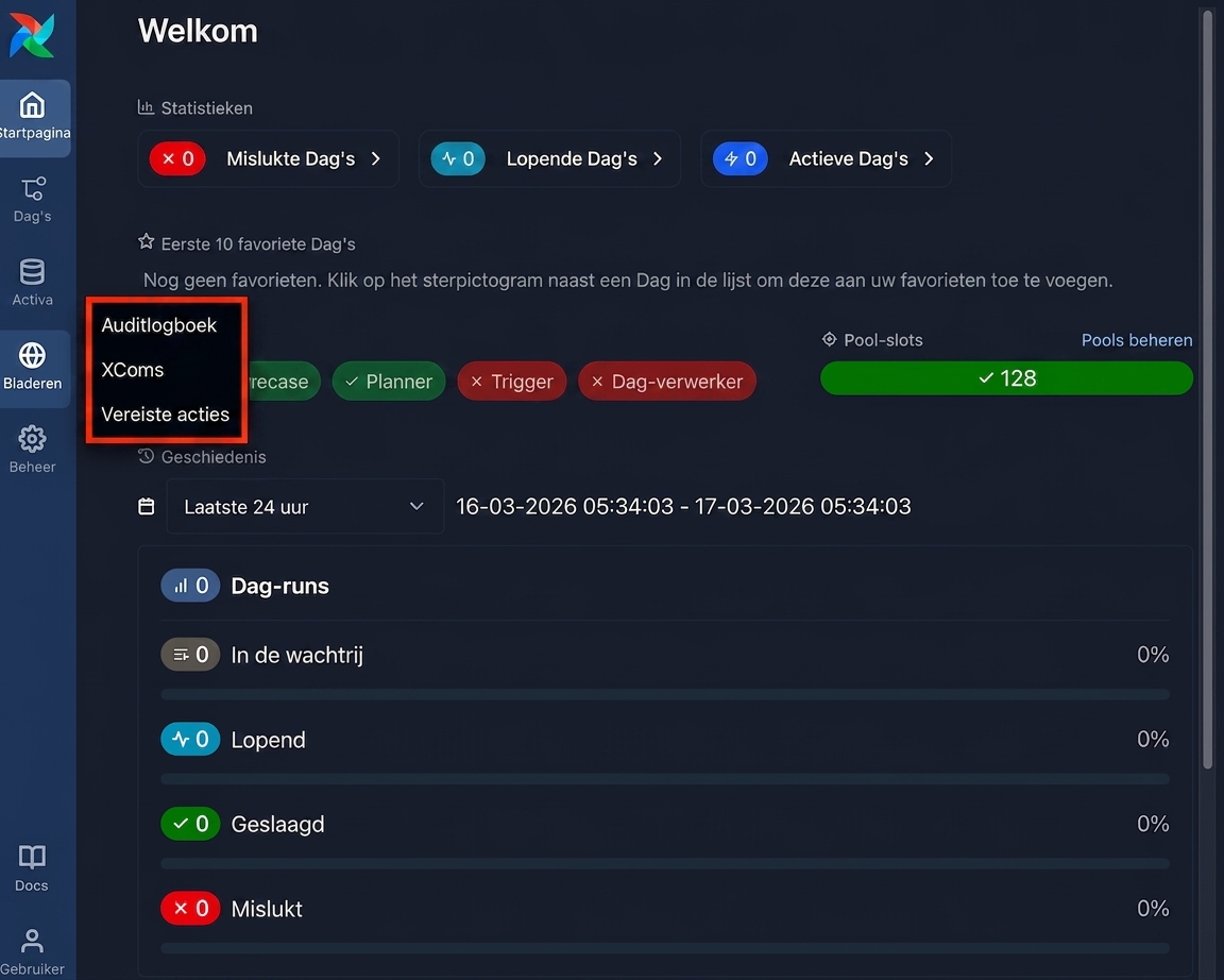 Airflow-UI met het Browse-menu open en de optie auditlog zichtbaar