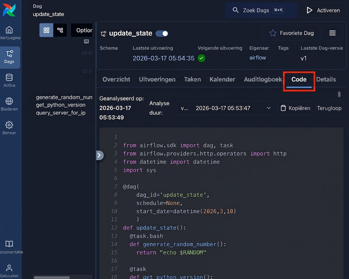 Airflow Dag-codeweergave met de alleen-lezen Python-bron die de Dag definieert