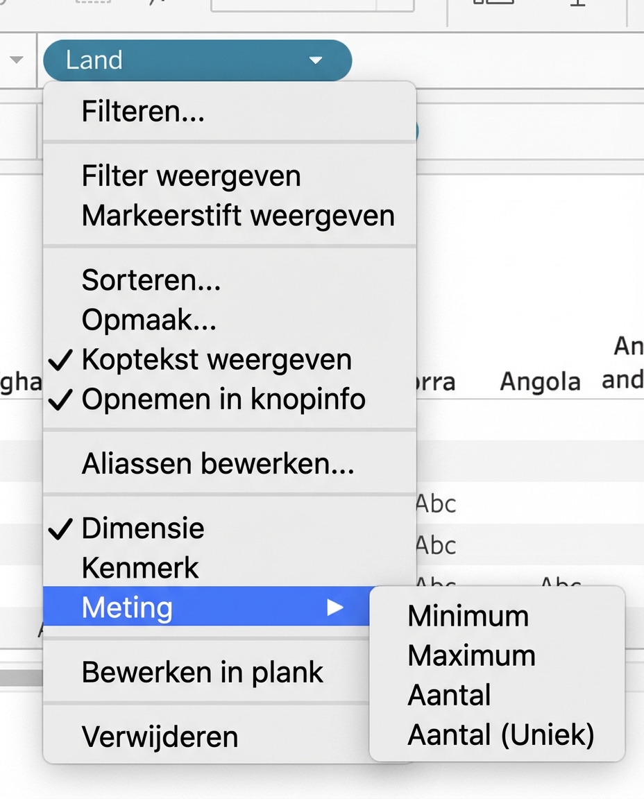 Tableau-keuzemenu voor aggregatie van dimensies