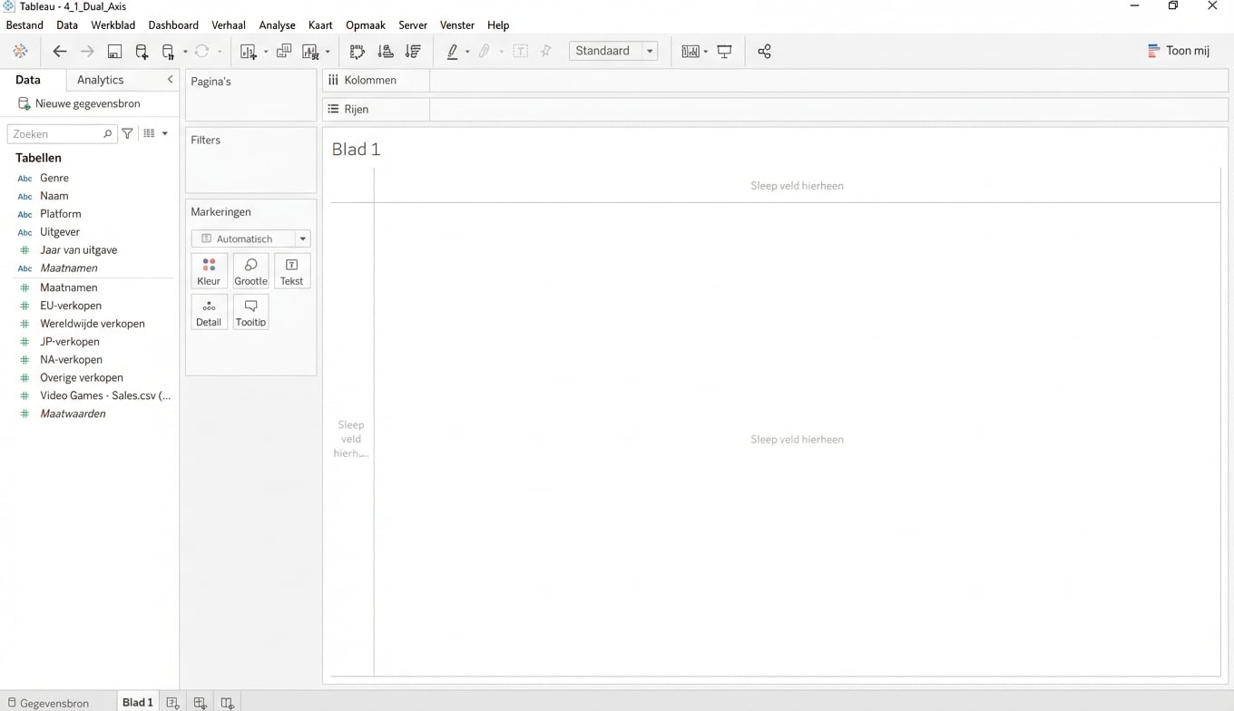 Schermafbeelding van een lege Tableau-werkmap
