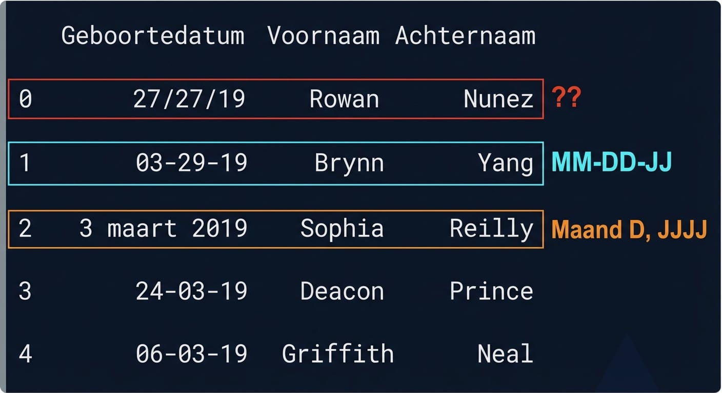 Een tabel met de output van de birthdays-dataset: één rij heeft maand-dag-jaar, een andere is voluit geschreven, en een laatste rij heeft duidelijk een fout (dagcomponent dubbel).