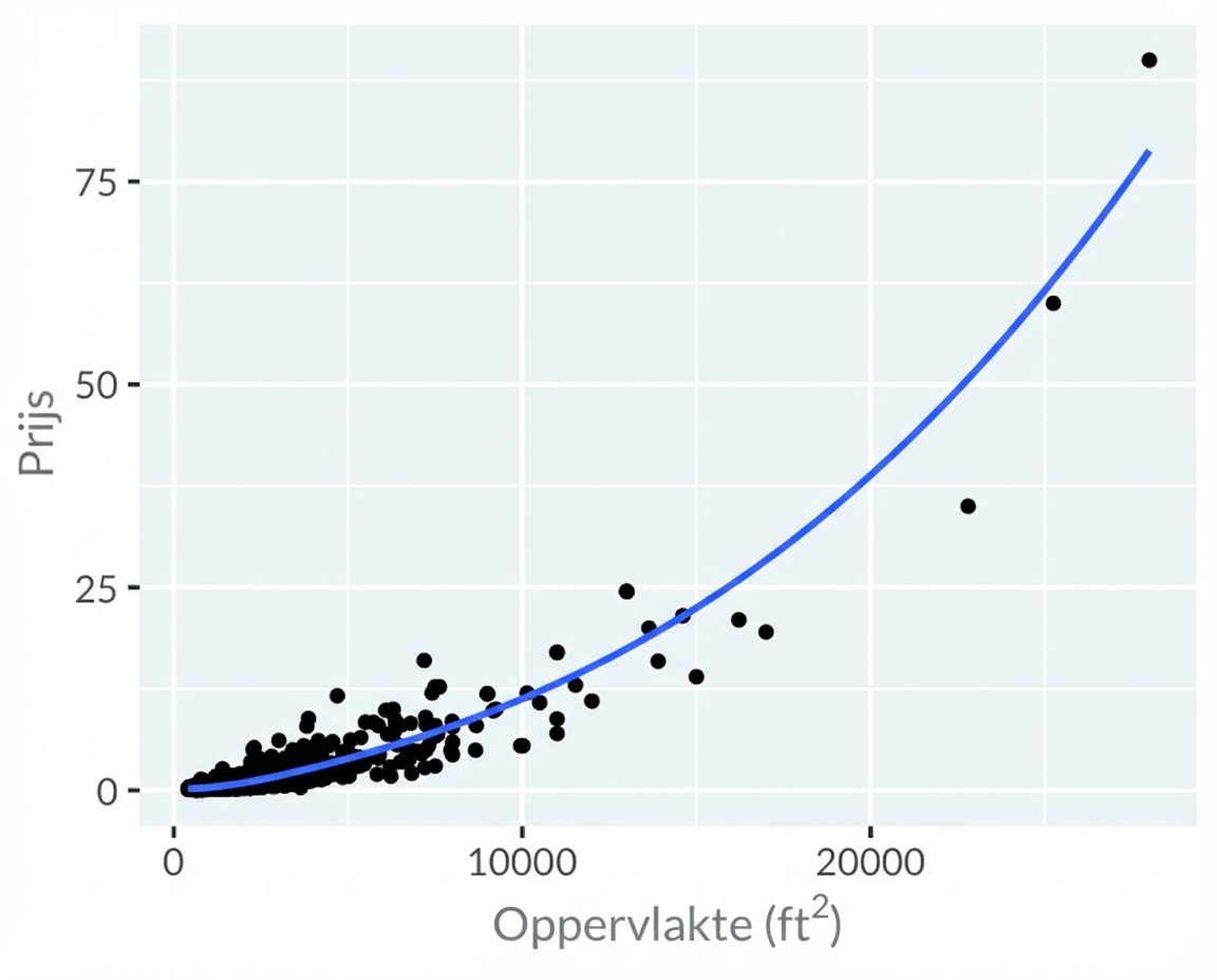 Een spreidingsdiagram van huizenprijzen vs. woonoppervlak in Los Angeles, met lineaire schalen op beide assen. Er is een LOESS-trendlijn toegevoegd die goed past.