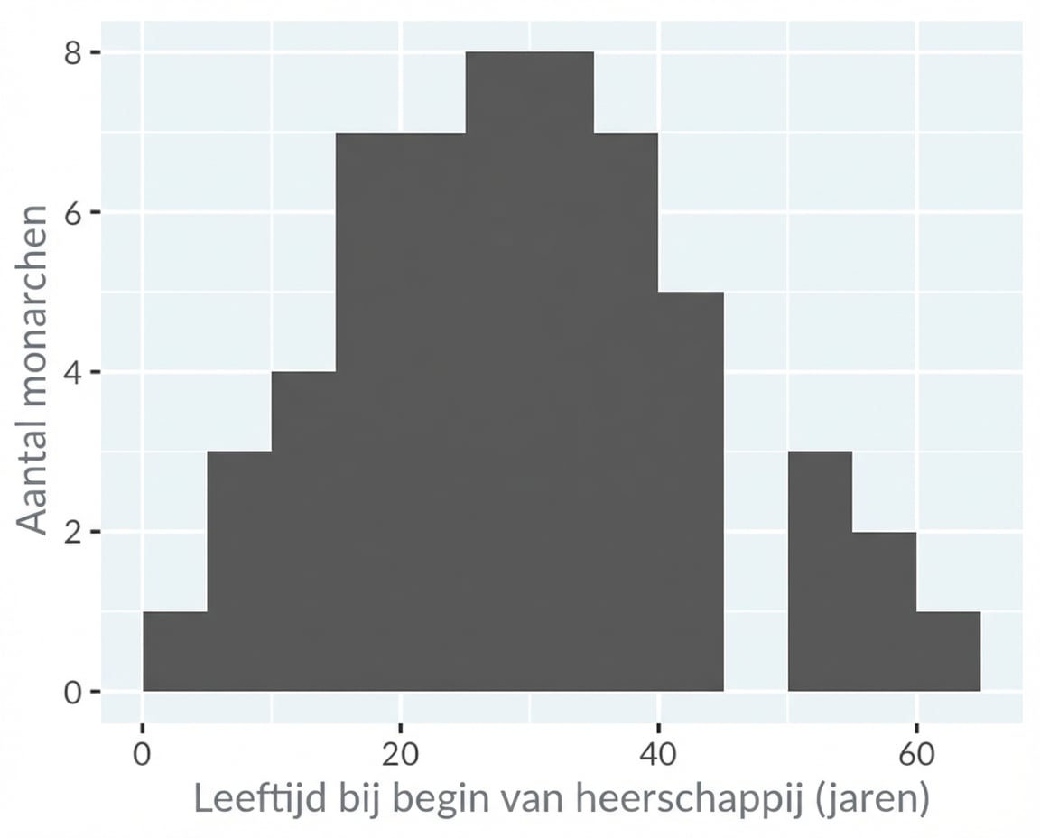 Een histogram van de startleeftijd van de regering van koningen en koninginnen.