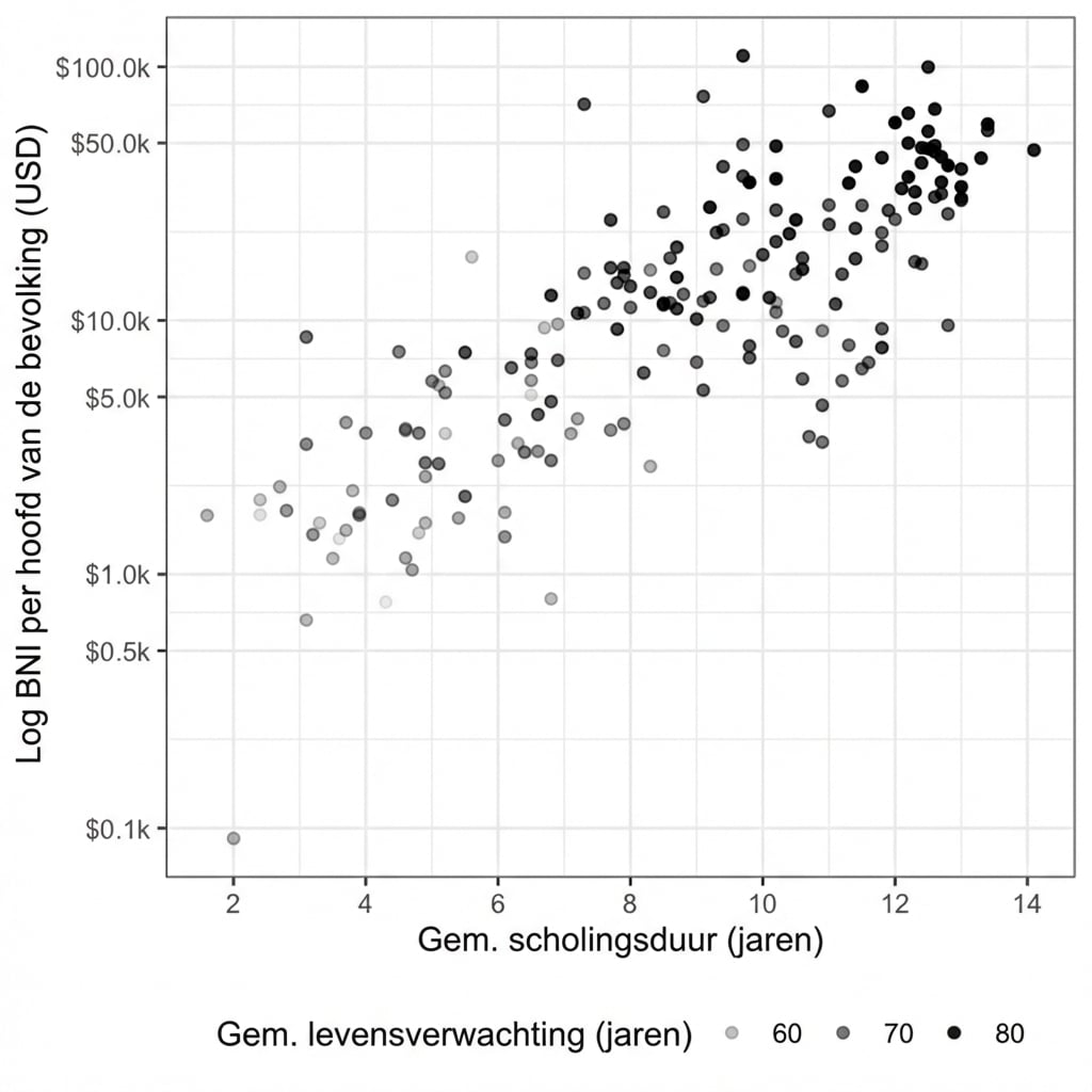 Spreidplot van levensverwachting vs. BNI met levensverwachting als transparantie