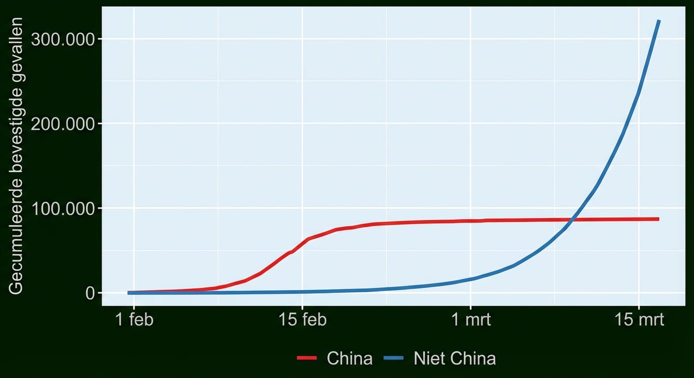 Lijndiagram van COVID-19-gevallen in China en buiten China