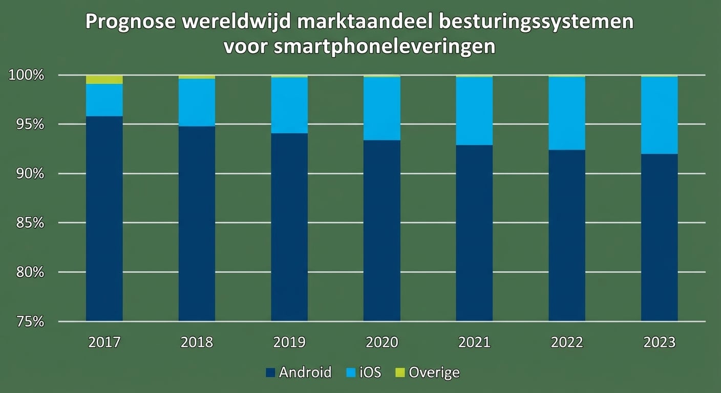 Een gestapeld staafdiagram van een marketingbedrijf met voorspelde marktaandelen per mobiel besturingssysteem. De y-as begint op 75% in plaats van nul.
