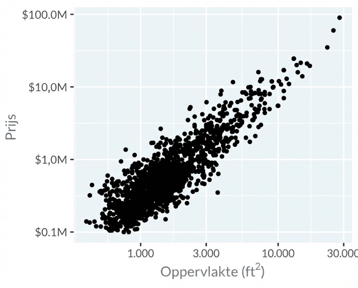 Spreidingsdiagram van LA-woningprijzen versus oppervlakte
