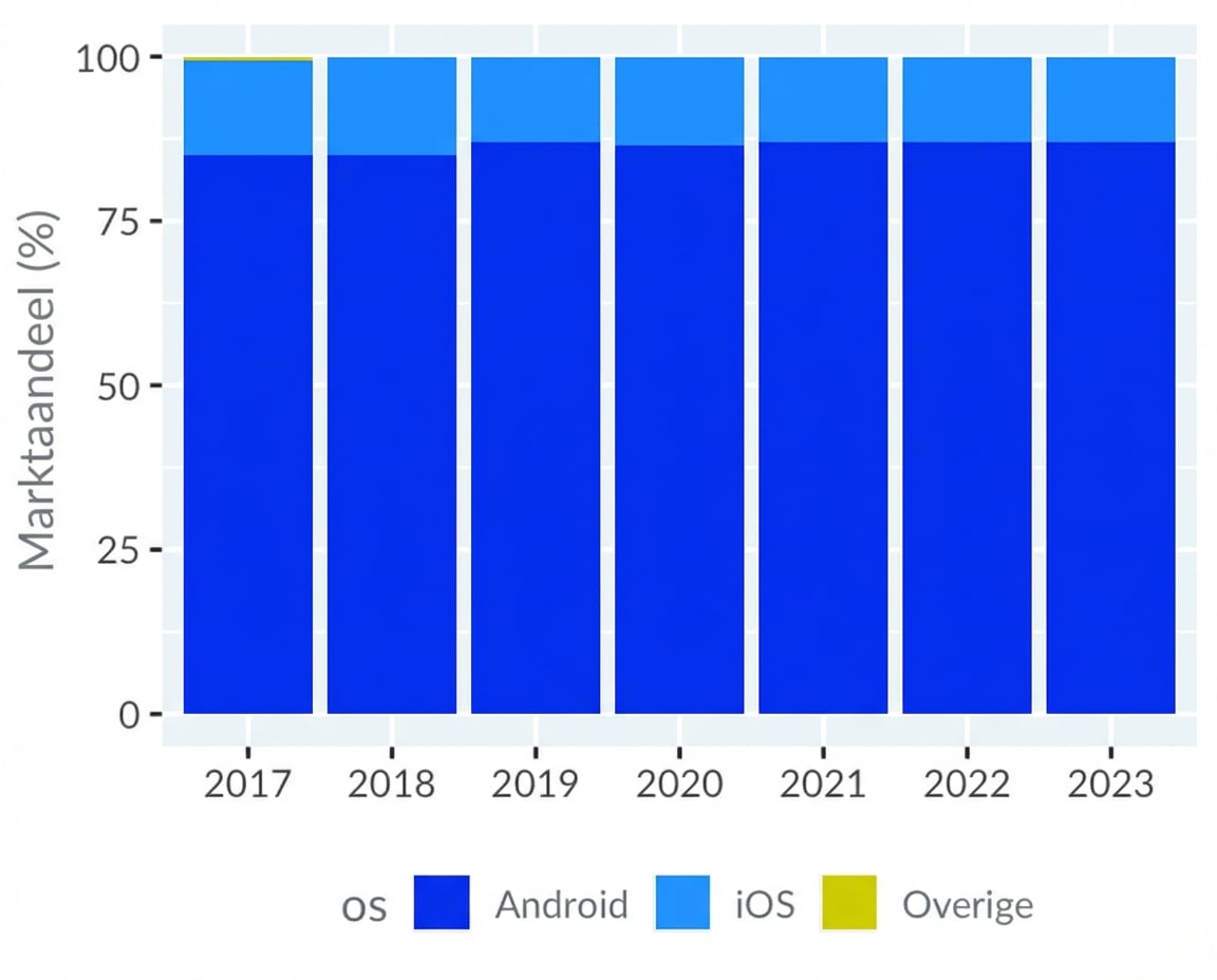 De mobiele besturingssystemen, hertekend met een y-as vanaf nul. De dominantie van Android is zo duidelijker.