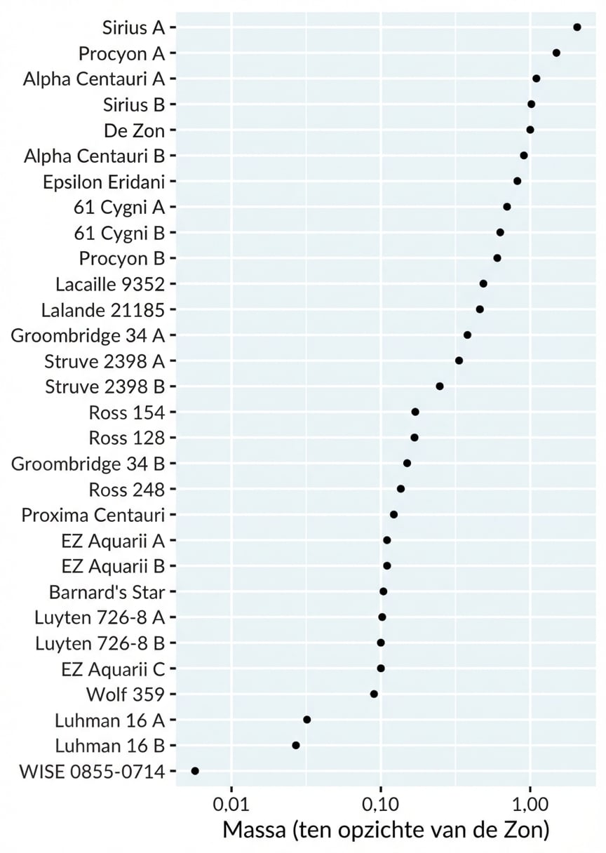 Een staafdiagram van de massa van nabije sterren relatief aan de Zon. Sterren zijn geordend van zwaar naar licht. De x-as is logaritmisch.
