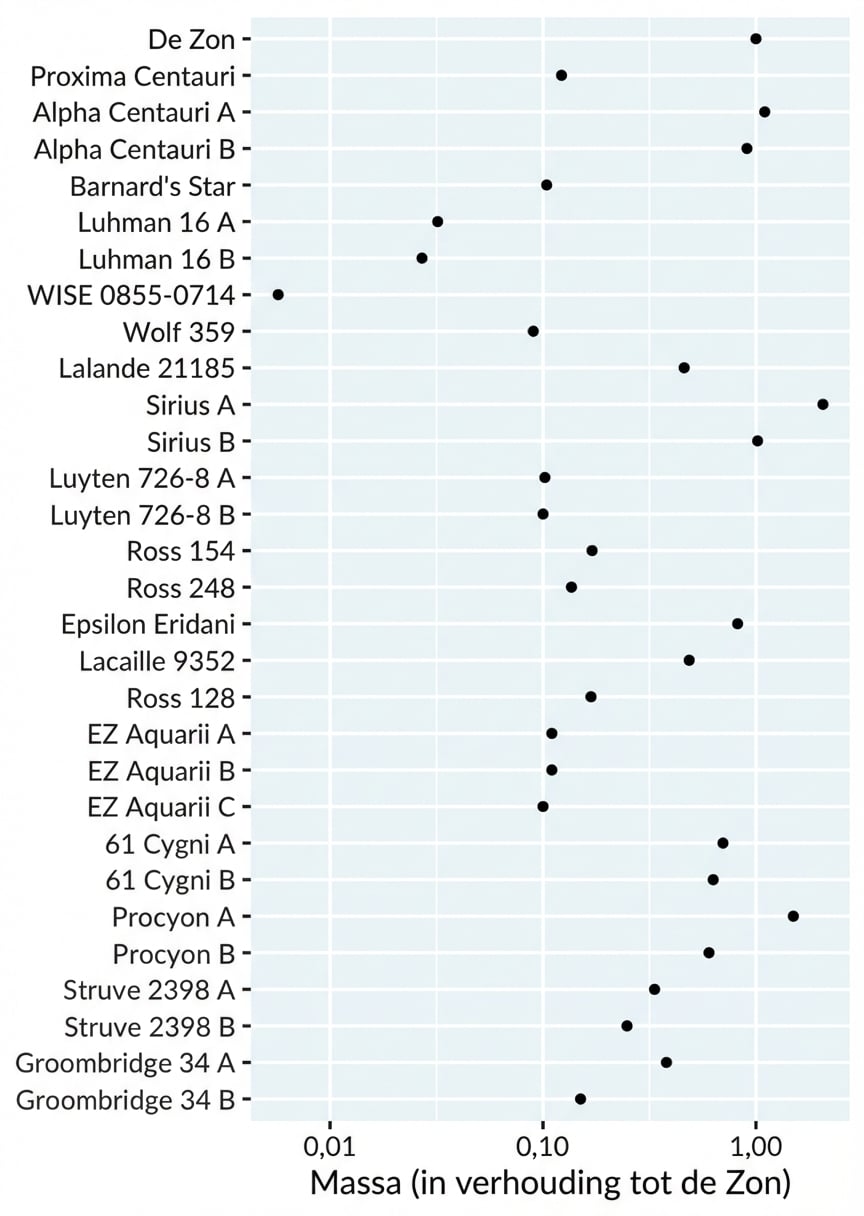 Een staafdiagram van de massa van nabije sterren relatief aan de Zon. Sterren zijn geordend van dichtstbij tot verst. De x-as is logaritmisch.