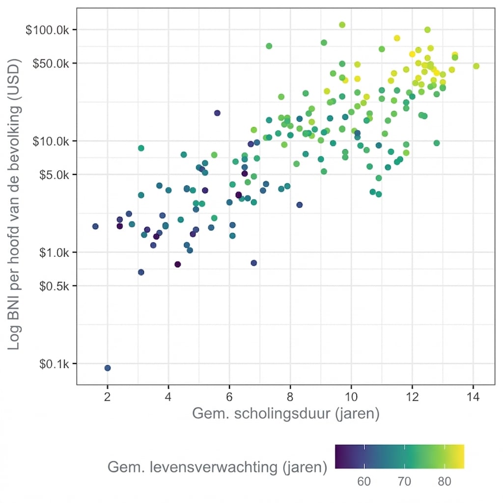 Spreidplot van levensverwachting vs. BNI met levensverwachting als kleuras