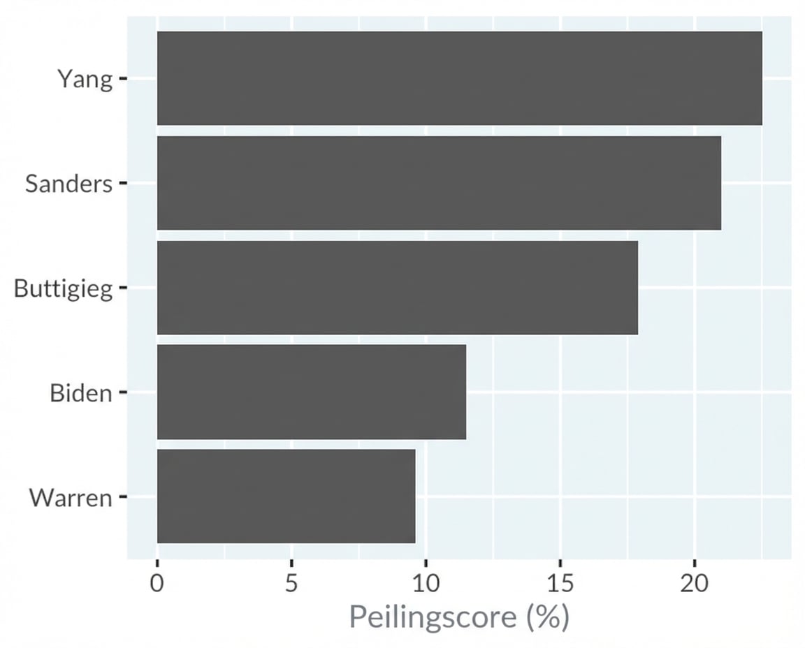 Het Yang-staafdiagram is hertekend met proportionele staven en laat een kleinere voorsprong op nummer twee zien.