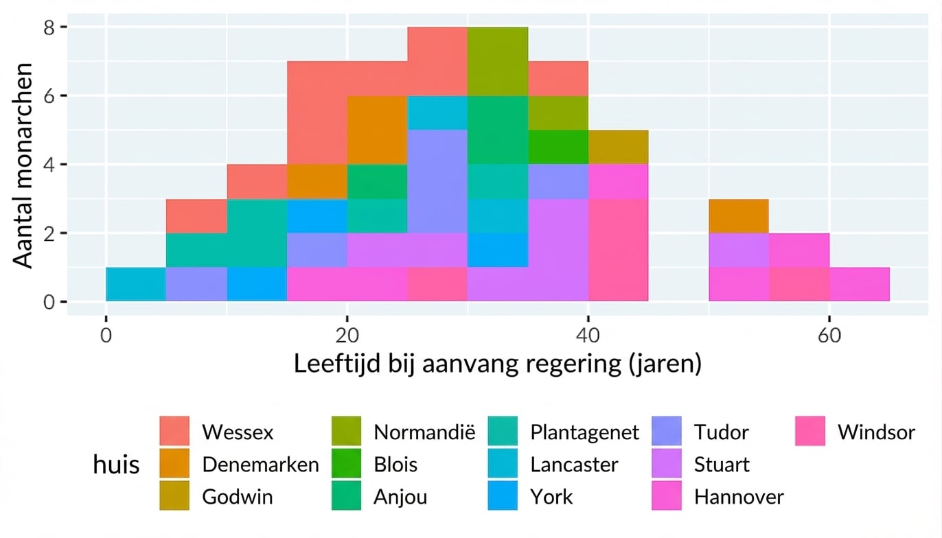 Een histogram van de startleeftijd van de regering van Engelse koningen en koninginnen, ingekleurd per koningshuis. Het lijkt op een blobmonster uit een videogame uit de jaren 80.