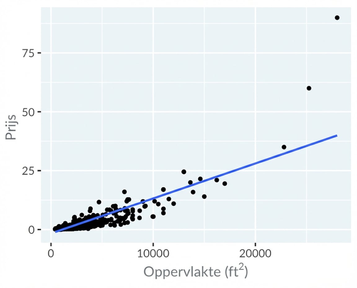 Een spreidingsdiagram van huizenprijzen vs. woonoppervlak in Los Angeles, met lineaire schalen op beide assen. Er is een lineaire trendlijn toegevoegd die slecht past.