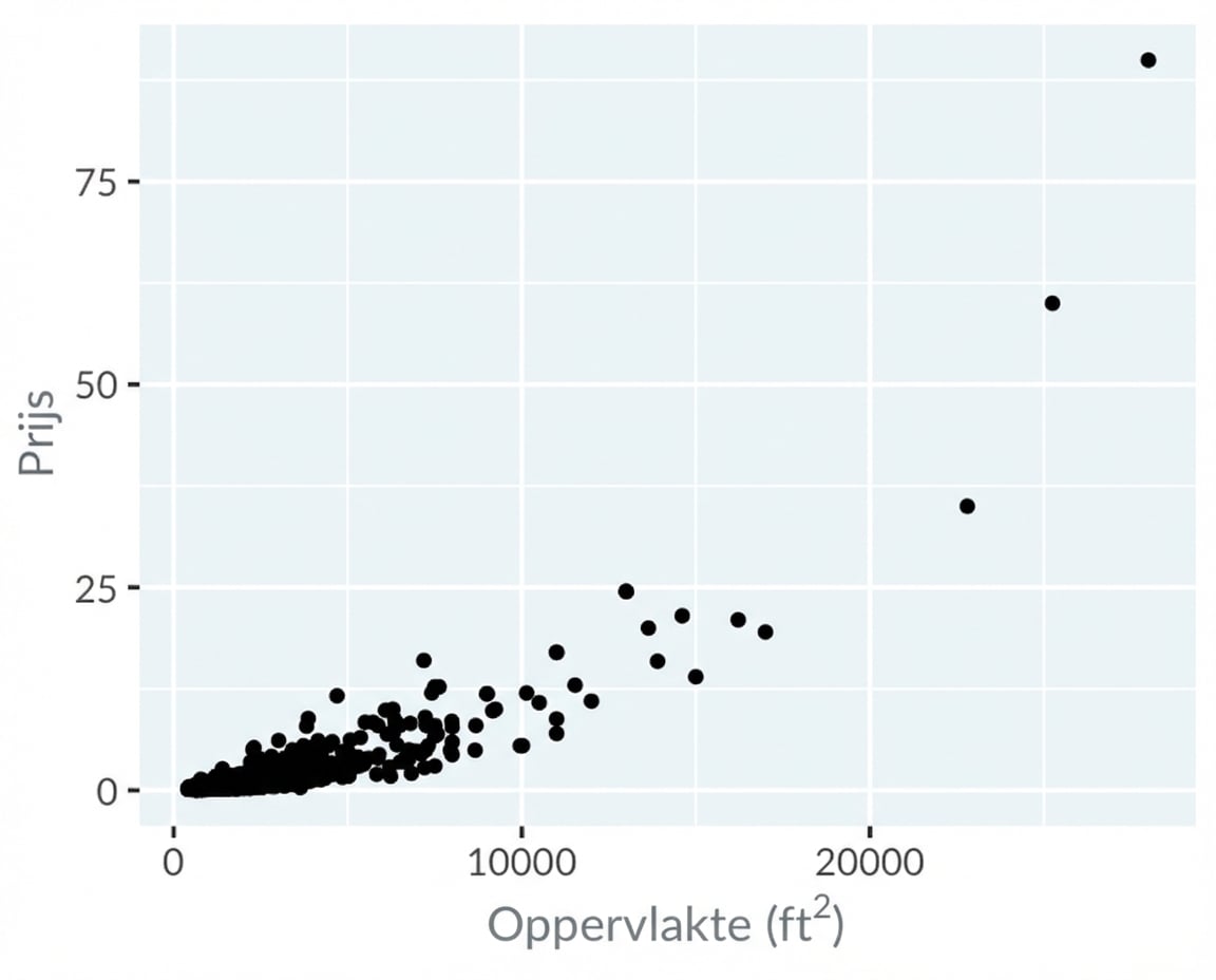 Een spreidingsdiagram van huizenprijzen vs. woonoppervlak in Los Angeles, met lineaire schalen op beide assen.