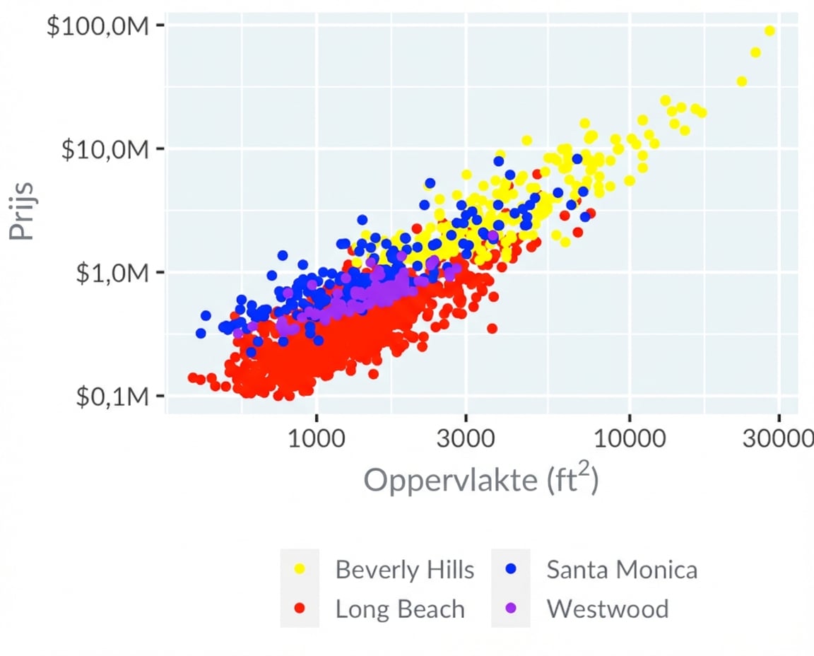 Spreidingsdiagram van prijs vs. oppervlakte met een slecht kleurpalet