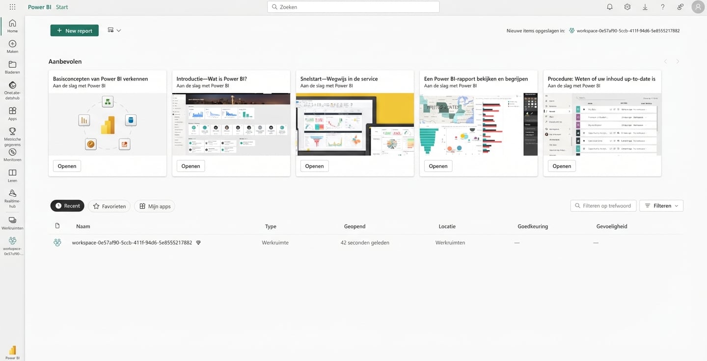Startpagina na inloggen in Power BI Service