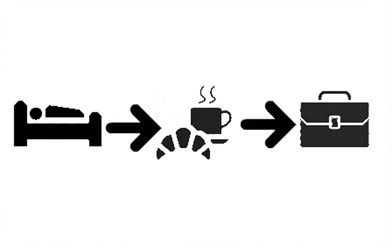 icons van een persoon in bed gevolgd door een koffie-icoon gevolgd door een aktetas-icoon