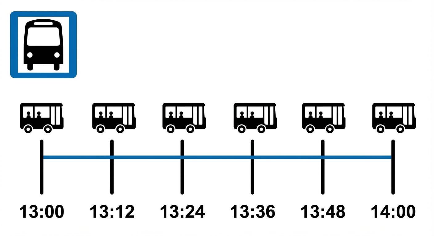 tijdbalk van 1 tot 2 uur met zes busaankomsten, elke 12 minuten één.png