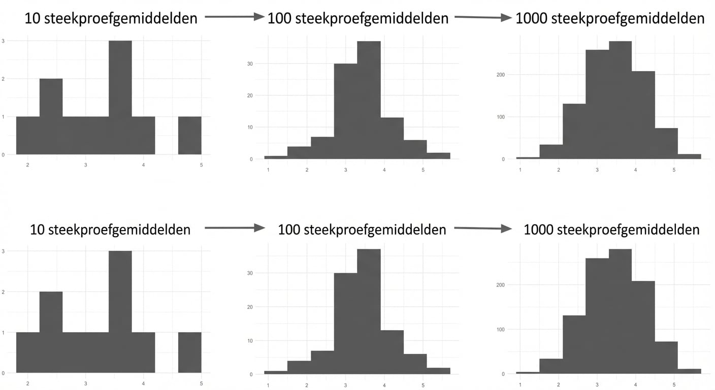 histogrammen van 10, 100 en 1000 steekproefgemiddelden; met meer gemiddelden wordt de verdeling klokvormiger