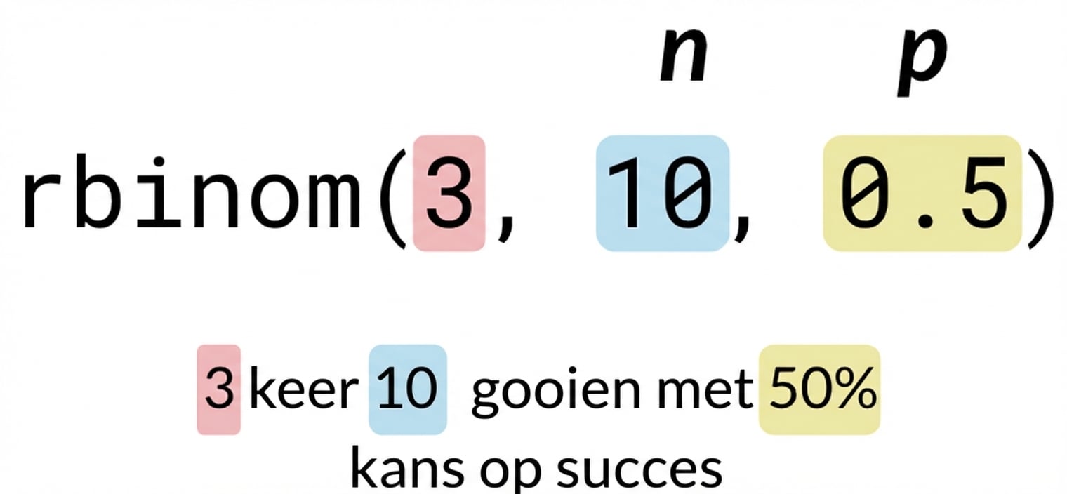 rbinom(3, 10, 0.5) met 3 in rood, 10 in blauw, 0.5 in geel. Tekst: 3 (in rood) worpen van 10 (in blauw) munten met 50% (in geel) kans op succes. n staat boven de 10 in blauw en p boven de 0.5 in geel.