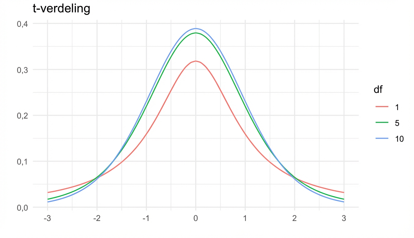 3 t-verdelingen met df = 1, df = 5 en df = 10
