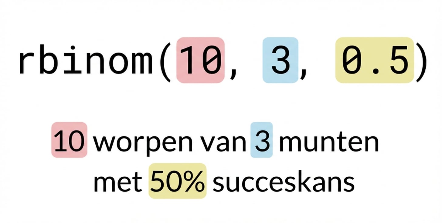 rbinom(10, 3, 0.5) met 10 in rood, 3 in blauw, 0.5 in geel. Tekst: 10 (in rood) worpen van 3 (in blauw) munten met 50% (in geel) kans op succes