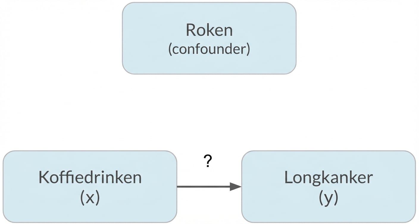 Koffiedrinken (x) wijst naar longkanker (y) met roken (confounder) erboven
