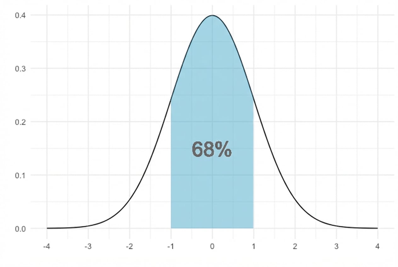 Normale verdeling met gebied tussen -1 en 1 gemarkeerd, gelabeld met 68%