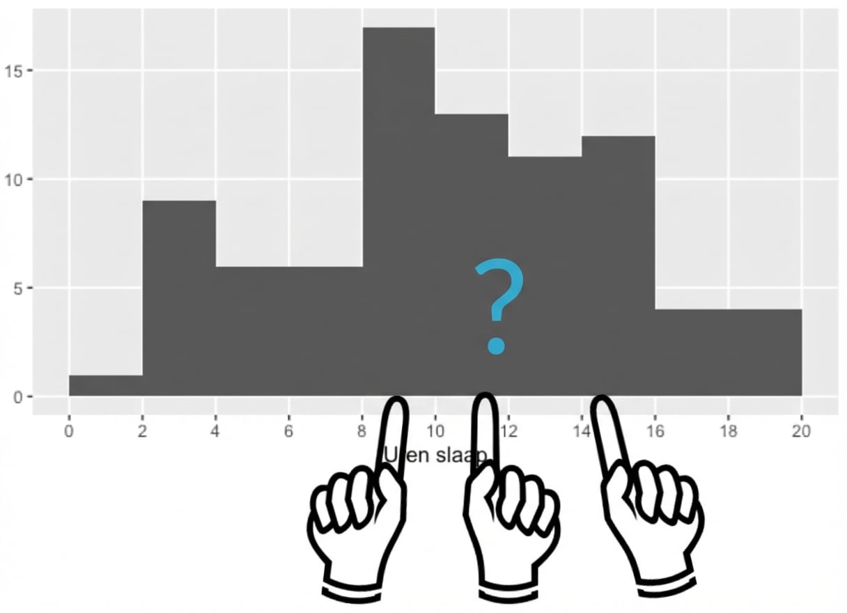 Histogram met vraagteken en wijzende vingers