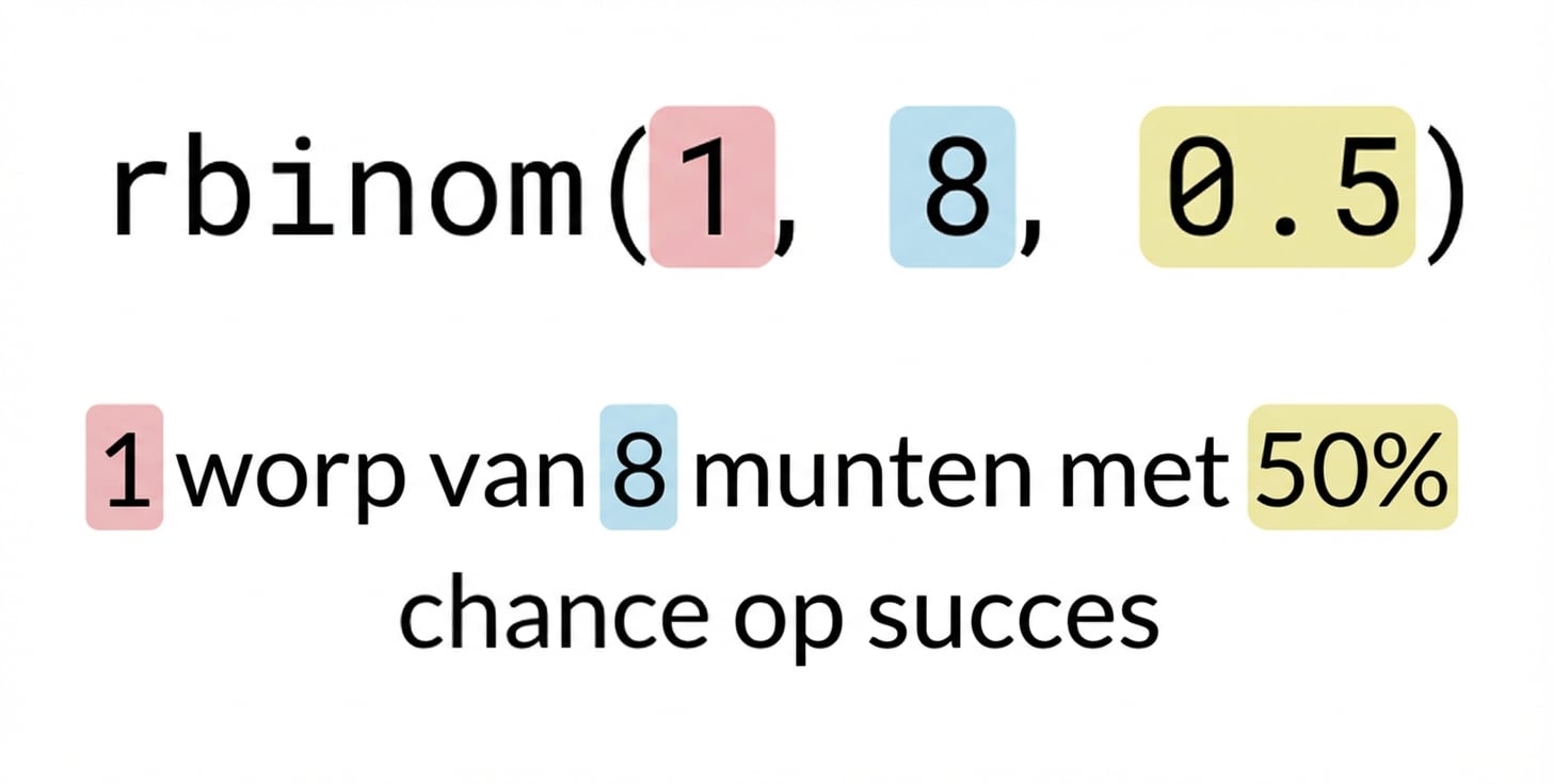 rbinom(1, 8, 0.5) met 1 in rood, 8 in blauw, 0.5 in geel. Tekst: 1 (in rood) worp van 8 (in blauw) munten met 50% (in geel) kans op succes
