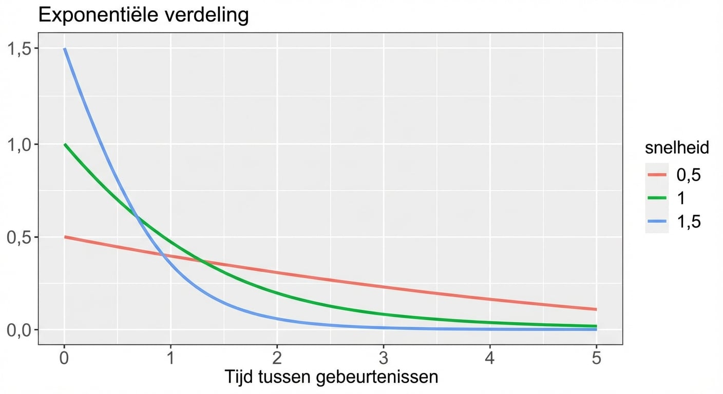 3 exponentiële verdelingen met lambda = 0,5, lambda = 1 en lambda = 1,5