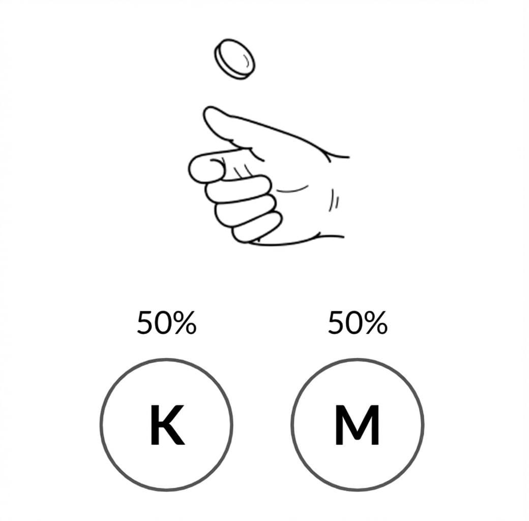Hand die een munt gooit met aan één kant H met 50% kans en aan de andere kant T met 50% kans