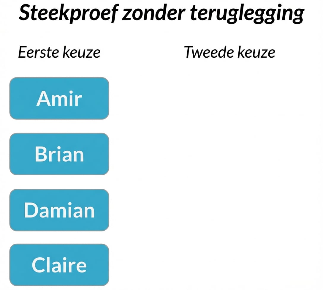 Twee kolommen: Eerste trekking met Amir, Brian, Claire, Damian. Tweede trekking is leeg.png
