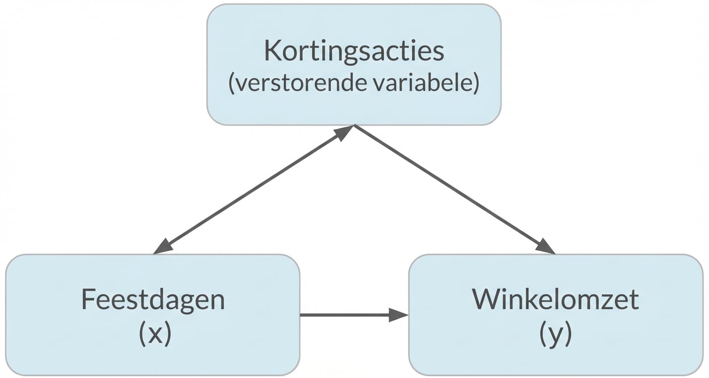 Feestdagen (x) wijst naar detailhandelsverkopen (y). Speciale aanbiedingen (confounder) heeft dubbele pijl naar feestdagen en enkelvoudige pijl naar detailhandelsverkopen.