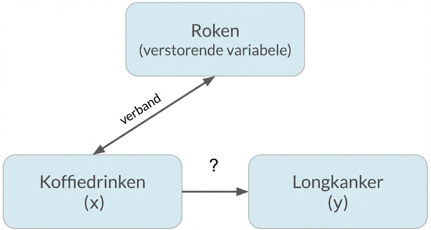 Koffiedrinken (x) wijst naar longkanker (y) met roken (confounder). Dubbele pijl tussen roken en koffiedrinken, gelabeld "associatie".