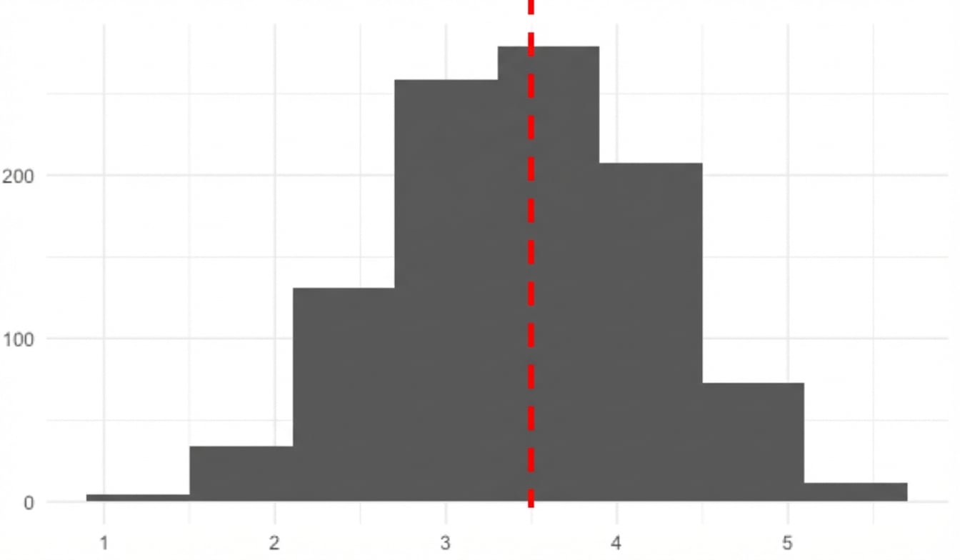 Steekproevenverdeling van gemiddelden met stippellijn in het midden