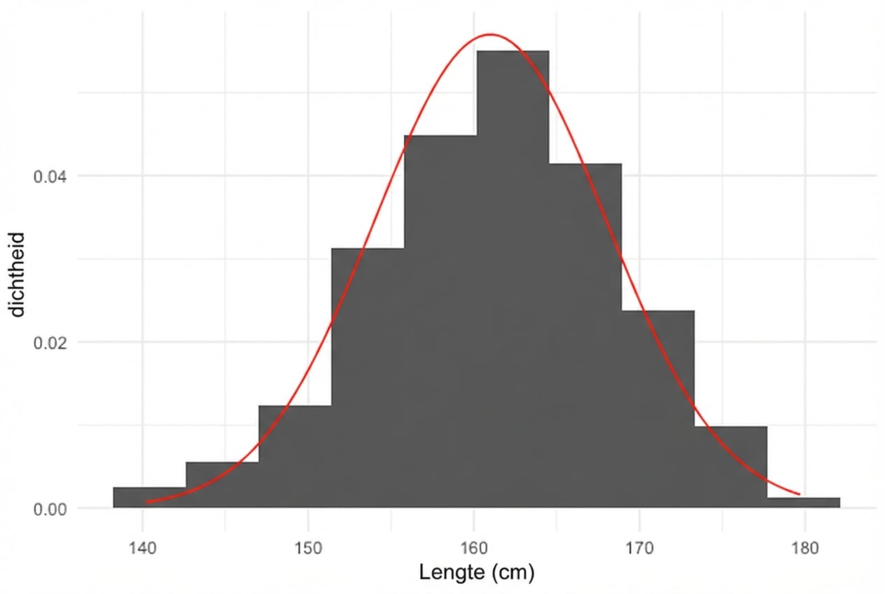 Normale curve over het histogram van lengtes van vrouwen