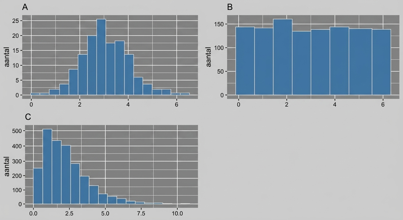 A: klokvormige verdeling, B: relatief vlakke verdeling, C: veel lage waarden, weinig hoge waarden
