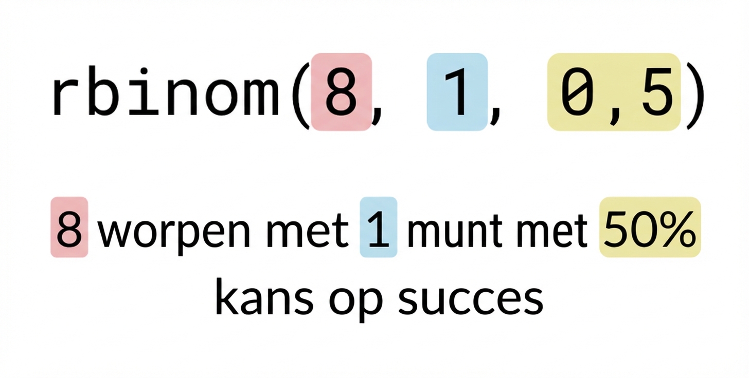 rbinom(8, 1, 0.5) met 8 in rood, 1 in blauw, 0.5 in geel. Tekst: 8 (in rood) worpen van 1 (in blauw) munt met 50% (in geel) kans op succes