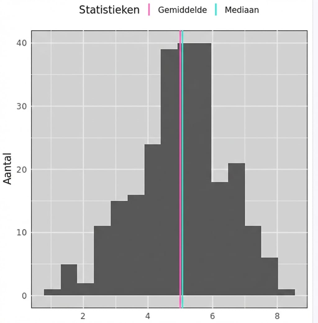 Een histogram met klokvormige data, met een blauwe en rode lijn dicht bij elkaar in het midden. Rood is het gemiddelde, blauw de mediaan.