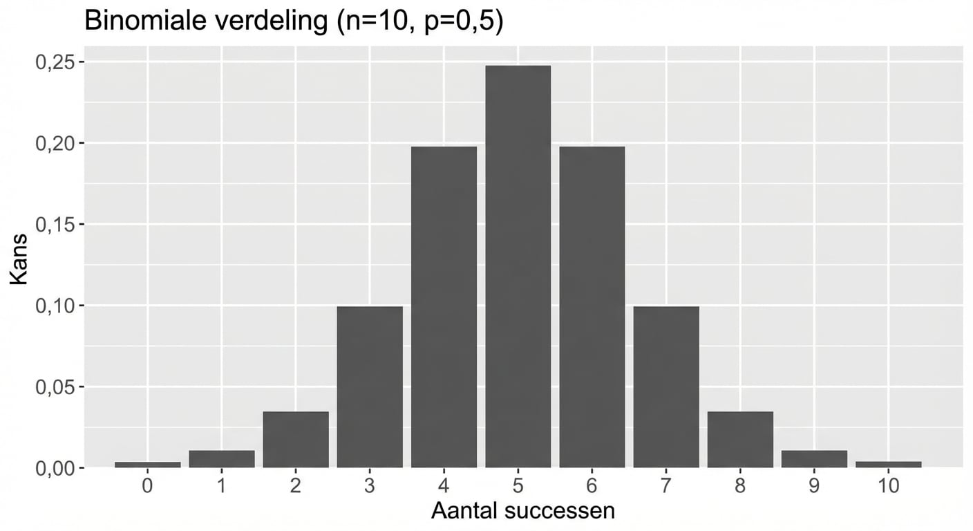 Plot van binomiale verdeling met n=10, p = 0.5