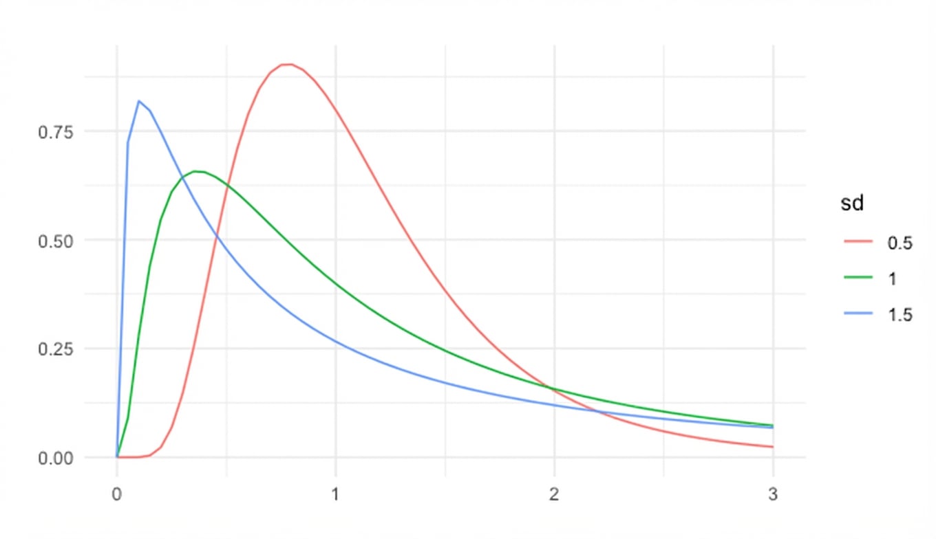 3 lognormale verdelingen met sd = 0,5, sd = 1 en sd = 1,5