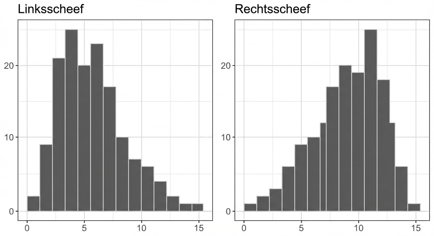 Histogram met veel waarden links, afnemend naar weinig rechts, getiteld Rechts-scheef
