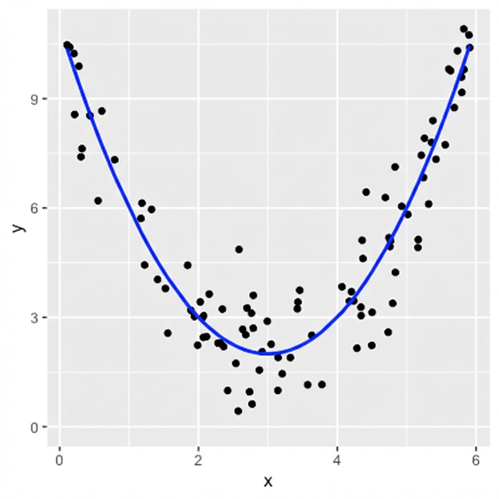 spreidingsdiagram van variabelen met een quadratische relatie met quadratische trendlijn