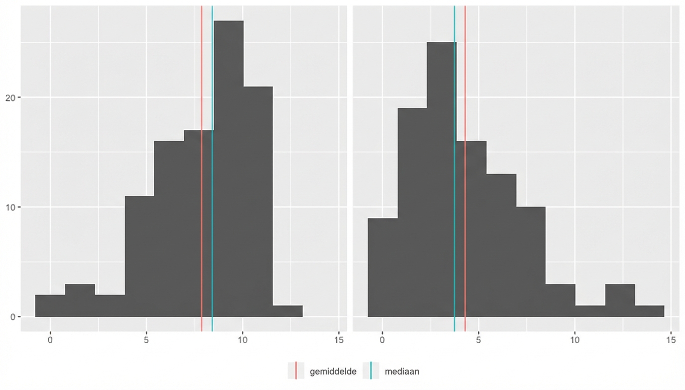 Dezelfde histogrammen als eerder, maar met rode en blauwe lijnen voor gemiddelde en mediaan. Bij links-scheef is het gemiddelde kleiner dan de mediaan. Bij rechts-scheef is het gemiddelde groter dan de mediaan.