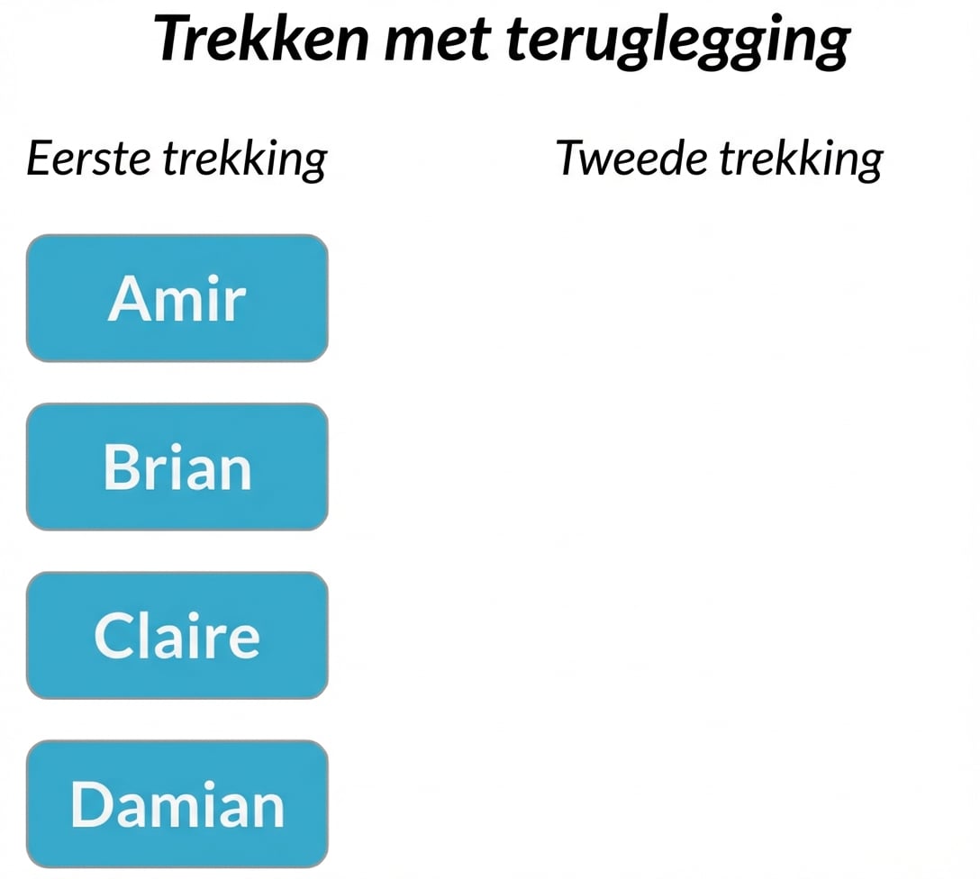 Twee kolommen: eerste trekking met Amir, Brian, Claire, Damian. Tweede trekking leeg